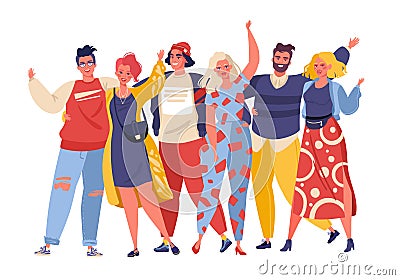 Portrait of cute joyful friends. Group of smiling young people or student standing together, embracing each other, waving hands. Vector Illustration