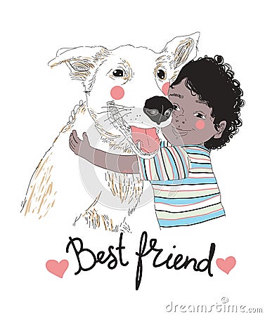 Portrait of cute little African-American boy hugging dog and Best Friend lettering handwritten with cursive font. child Vector Illustration