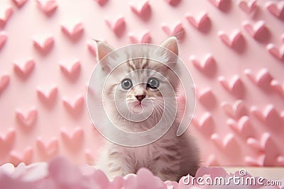 Portrait of a cute little domestic cat on a pink background with love hearts Stock Photo