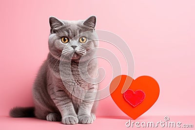 Portrait of a cute little domestic cat on a pink background with red love heart Stock Photo