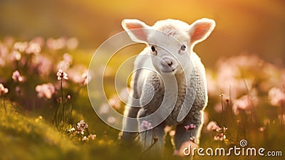 Portrait of a cute little lamb in a meadow Stock Photo