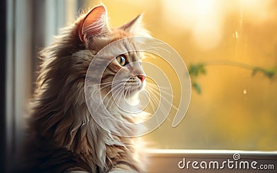 Portrait of a cute long-haired cat looking out the window Stock Photo