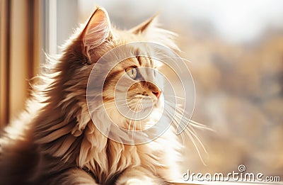 Portrait of a cute long-haired cat looking out the window Stock Photo