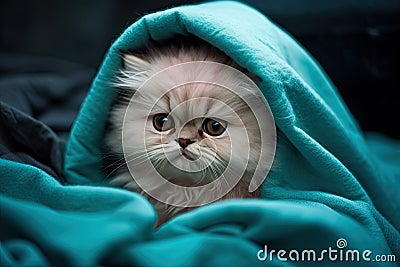 Portrait of a cute long-haired cat wrapped in a blanket Stock Photo