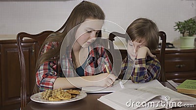 Portrait of Cute Older Sister and Aborable Younger Brother Learning Lessons. a Girl Does Homework with a Little Boy. Stock Footage - Video of friends, girl: 147546046 