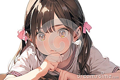 portrait of a cute pensive schoolgirl with a two ponytails hairstyle in anime style Stock Photo