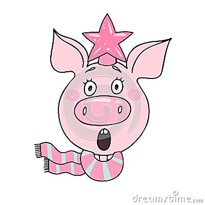 Portrait of a cute pig with surprised expression Vector Illustration