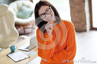 Portrait of cute positive adorable lady chief editor director big company hand touch chin enjoy break pause work modern Stock Photo