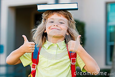 Portrait of cute school boy with glasses and a shirt with holds book. Schoolkid nerd outdoors. Stock Photo