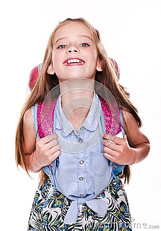 Portrait of cute smiling happy little school girl child teenager with school bag backpack isolated Stock Photo