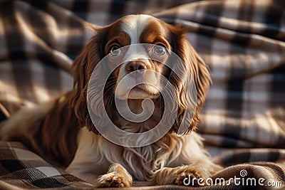 Portrait of a cute spaniel with big eyes against a plaid background Stock Photo