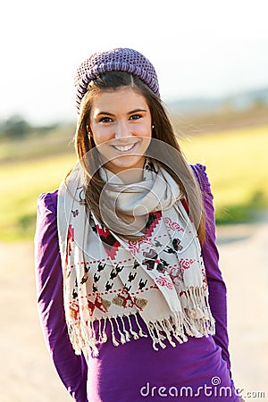 Portrait of cute teen girl with scarf and beanie. Stock Photo