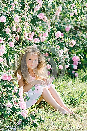 Portrait of a cute toddler girl outdoor in a rose garden sitting under the bushes Stock Photo
