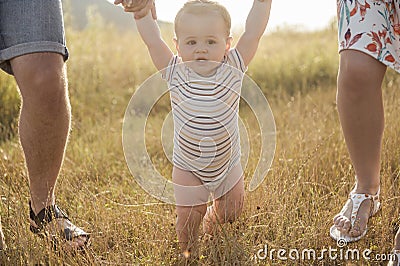 Cute toddler holding hands his parents and training to walk on field at sunset Stock Photo