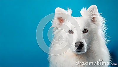 Portrait of cute white fluffy dog on blue background. Adorable pet Stock Photo