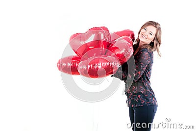 Portrait of cute Women with balloons heart Valentinsday Stock Photo