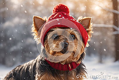portrait of a cute yorkie dog in a red winter hat. ai generative Stock Photo