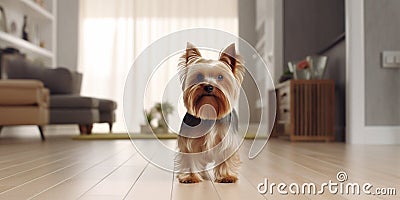 cute dog standing in minimalist living room Stock Photo