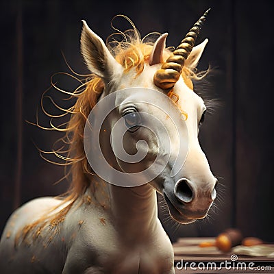 portrait of cutest adorable Unicorn baby with golden horn and mane posing against dark domestic background. Digital artwork. Ai Stock Photo