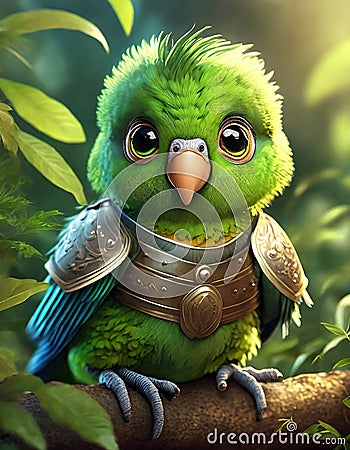 portrait of 3D render bright green baby parrot, adorable big eyes, big head in a garden , lush greenery, whims, Wear a war suit, Stock Photo