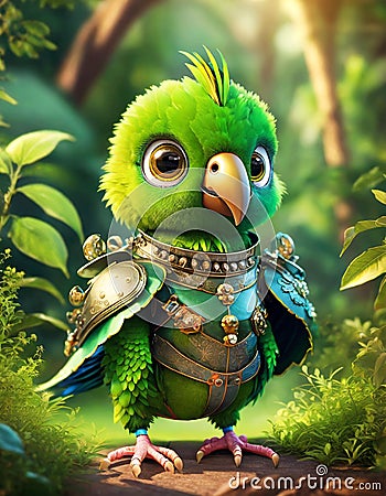 portrait of 3D render bright green baby parrot, adorable big eyes, big head in a garden , lush greenery, whims, Wear a war suit, Stock Photo