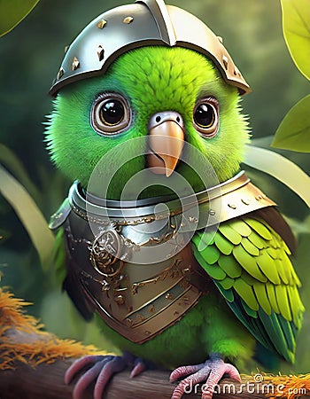 portrait of 3D render bright green baby parrot, adorable big eyes, big head in a garden , lush greenery, whims, Wear a war suit, Stock Photo