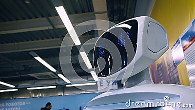 Portrait d'un nouveau robot blanc moderne Le robot tourne sa tête, regarde dans l'appareil-photo Exposition des robots et haut banque de vidéos Portrait d'un nouveau robot blanc moderne Le robot tourne sa tête, regarde dans l'appareil-photo Exposition des robots et haut banque de vidéos