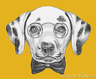 Portrait of Dalmatian Dog with glasses and bow tie. Cartoon Illustration