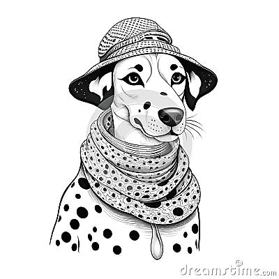 Portrait of Dalmatian dog in hat and scarve. Generative AI Stock Photo