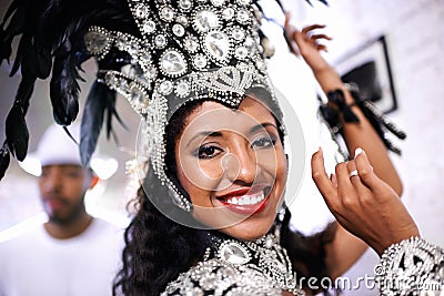 Portrait, dance and woman at carnival with costume for celebration, music and happy band performance in Brazil. Culture Stock Photo