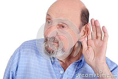 Portrait of deaf old man trying to listen Stock Photo