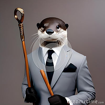 A portrait of a debonair otter in a sleek suit, holding a walking cane3 Stock Photo