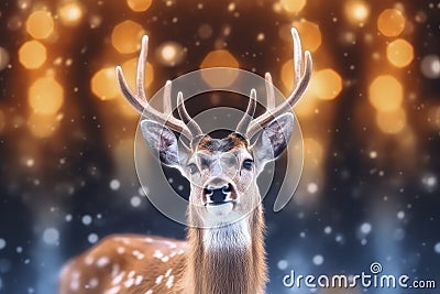 Portrait of deer with stags. Beautiful red deer stag in snowy winter forest. Stock Photo