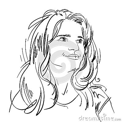 Portrait of delicate bemused good-looking woman, black and white Vector Illustration