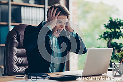 Portrait depressed frustrated disappointed tired guy use user pc have mistakes wrong task decision solution decide Stock Photo