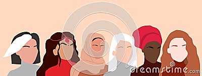 Portrait of different nationalities and cultures woman. Girls standing together. Womens friendship, solidarity Vector Illustration