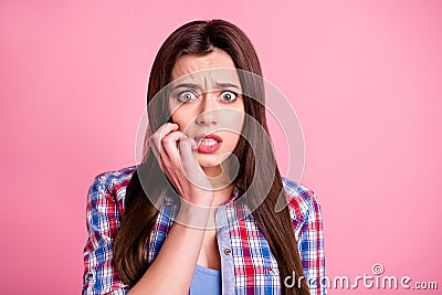 Portrait of disappointed depressed terrified hipster fail lose expression grimace good-looking feel dispair touch Stock Photo