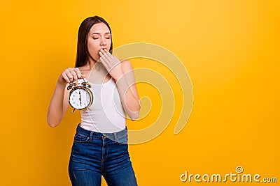 Portrait of disappointed work worker have job missed deadline want sleep dressed she denim top white isolated colorful Stock Photo