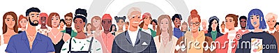 Portrait of diverse people standing together vector flat illustration. Group man and woman of different nationality and Vector Illustration