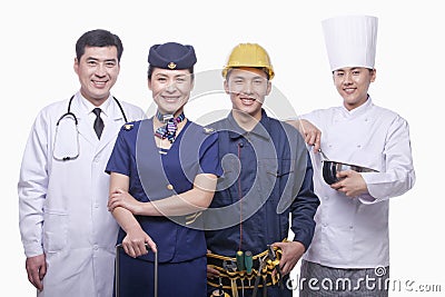 Portrait of Doctor, Air Stewardess, Construction Worker, and Chef- Studio Shot Stock Photo