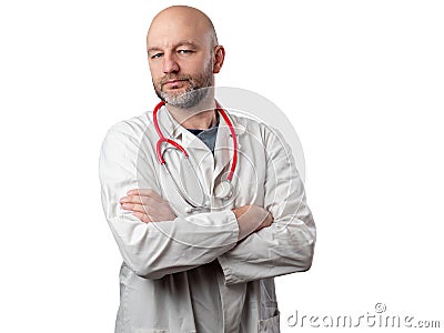 Portrait of a doctor on light color background. Male in 40s with grey beard in clinic uniform with stethoscope. Open friendly face Stock Photo