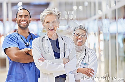 Portrait, doctors and team arm crossed for healthcare service, leadership and success in hospital or clinic. Happy Stock Photo