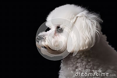 Portrait Of Dog Bichon Frise In Profile On Black Matte Background. Generative AI Stock Photo