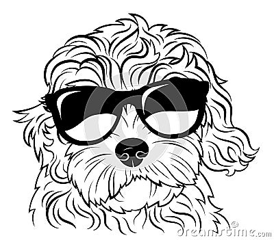 Portrait of a dog in glasses. Vector heads of dog breeds of goldendoodle . Black-white drawing of pets . Vector Illustration