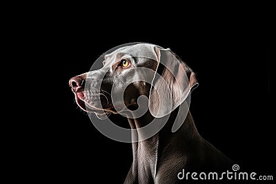 Portrait Of Dog Weimaraner In Profile On Black Matte Background. Generative AI Stock Photo