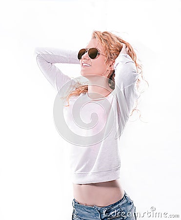 Portrait of a dreaming pretty girl in sunglasses. Stock Photo