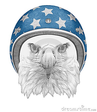 Portrait of Eagle with Helmet. Cartoon Illustration