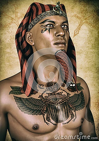 Portrait of an Egyptian pharaoh with his chest tattooed. Stock Photo
