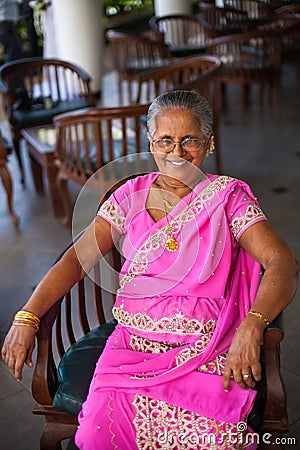 Portrait of an elderly Indian happy woman in a festive national Sari Editorial Stock Photo