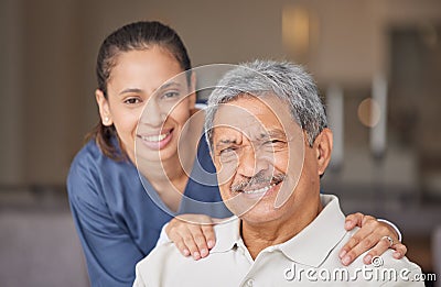 Portrait of elderly man with a nurse, bonding during a checkup at assisted living homecare . Smile, happy and friendly Stock Photo